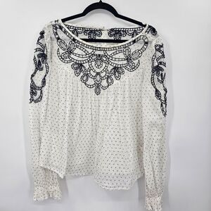 Free People Top Floral Embroidered  Peasant Puff Sleeve Boho Size L